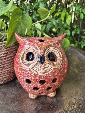 Vintage Mid-Century Red Ceramic Owl Lantern - Tea Light Candle Holder Excellent